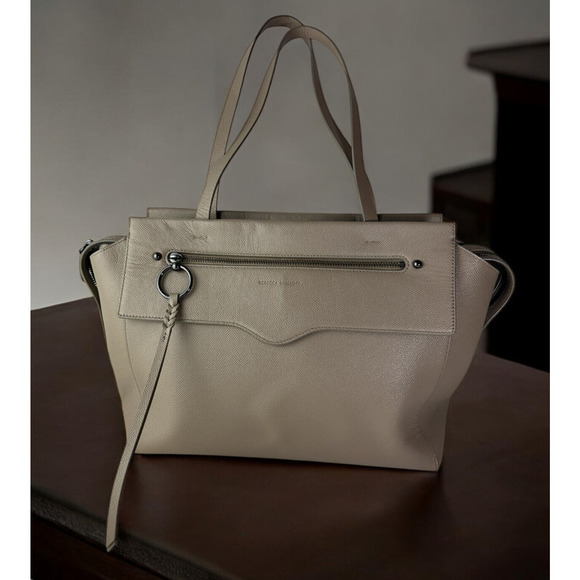 Rebecca Minkoff Gabby Leather Satchel Tote Large Shoulder Bag Beige Clean Lined - Picture 15 of 16